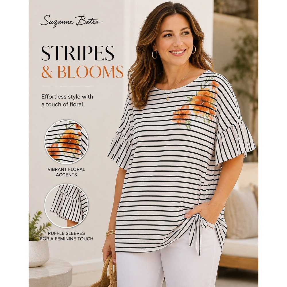 NEW Suzanne Betro 4X Black and White Striped Ruffle Sleeve Floral Blouse Top